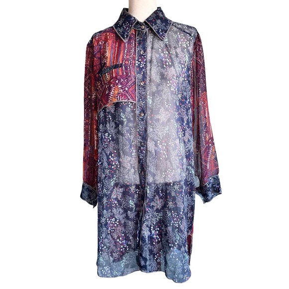 Adore Tops - Adore Women’s Artsy Western Boho Patterned Sheer Extra‎ Long Button Down Shirt L